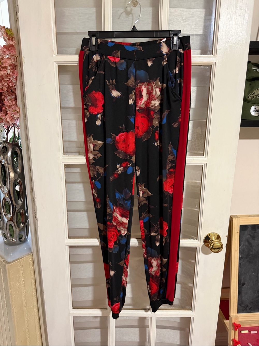 Kate & Mallory Black Floral Jogger Pants with Red Side Stripes